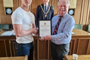 Town Mayor 2023-24 presenting Army Cadet with his Certificate of Appreciation