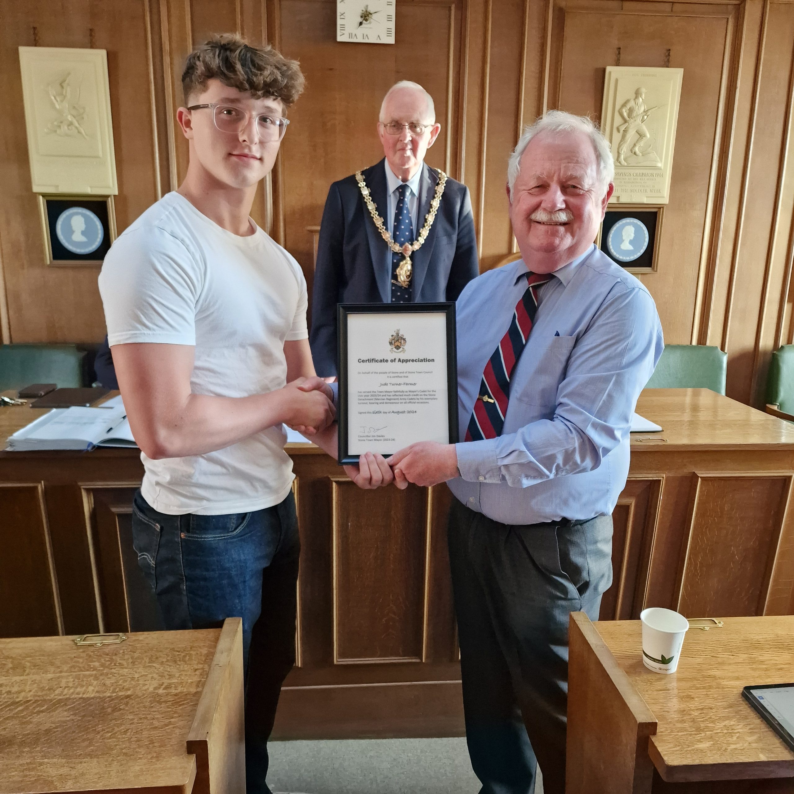 Town Mayor 2023-24 presenting Army Cadet with his Certificate of Appreciation